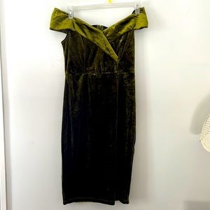 Off the shoulder velvet moss green dress.